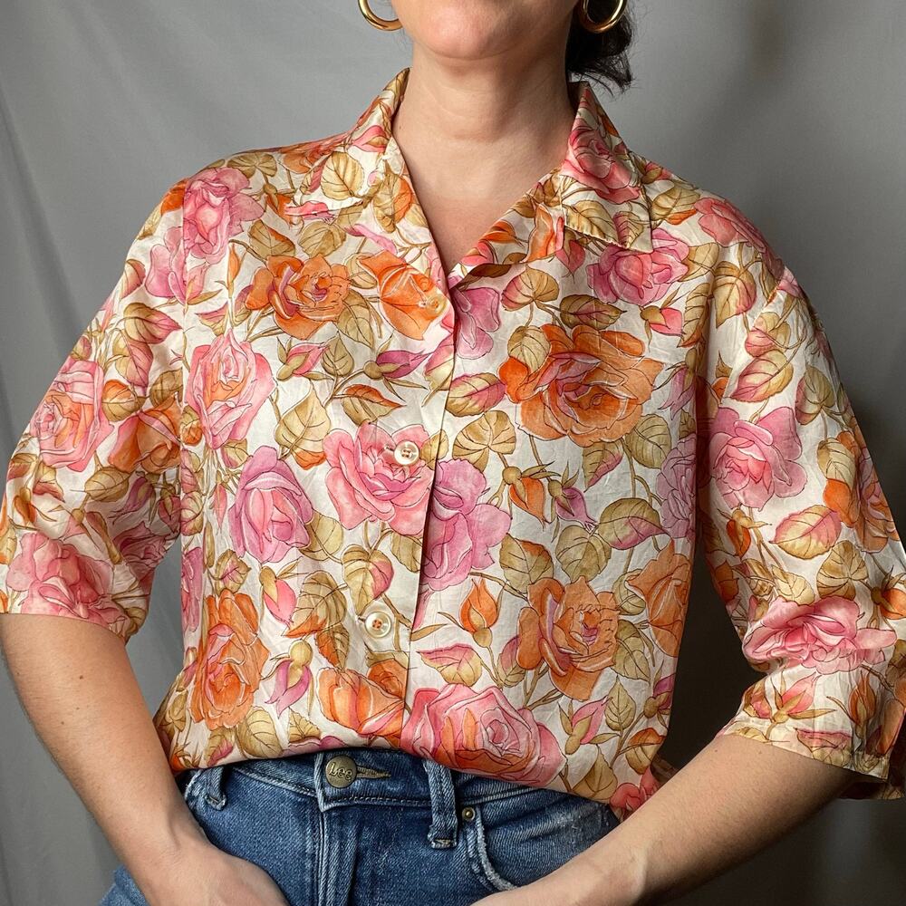 Vintage 70s pink roses print floral 1/2 sleeve‎ blouse button-down top rose L - Picture 17 of 17